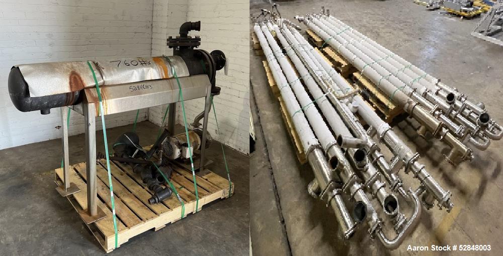 Used Feldmeier 6" x 4" x 2" Triple Tube Heater System with Hot Water Circulating Unit. Last used on citrus pulp for 20,000 lb/hr. (10) Approximate 6" diameter x 207" long tubes. 4" Product Inlet / Ou...