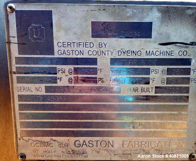 Used Gaston County Dyeing Machine Multiple Pass Shell and Tube Heat Exchanger. Approximate 4550 square feet, horizontal. 304L stainless steel shell rated 25psi/full vacuum at -20 to 250 degrees F. (1...