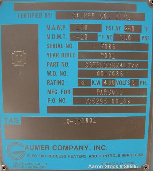 USED: Gaumer electrically heated circulation heater, 6 kW, inconel, vertical. Shell rated 150 psi at 250 deg F. (3) Elements, approximately 33" long. Flanged inlets/outlets, saddle mounted with stand...