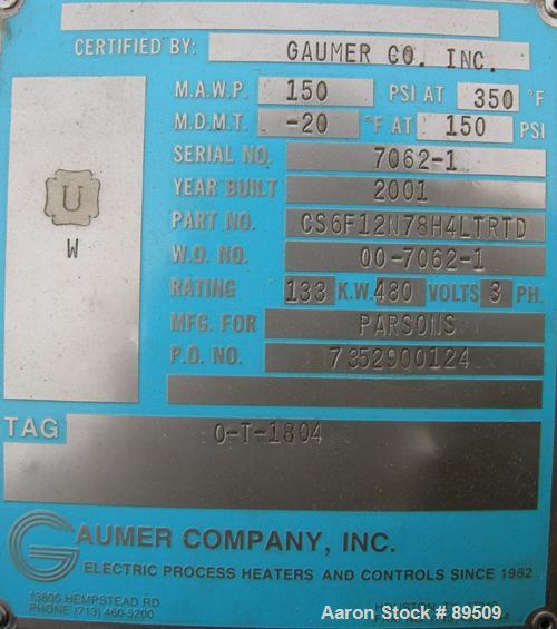 USED: Gaumer electrically heated circulation heater, 133 kW, 304 stainless steel, horizontal. Stainless shell rated 150 psi at 350 deg F. (12) Elements approximately 78" long. Flanged inlets/outlets,...