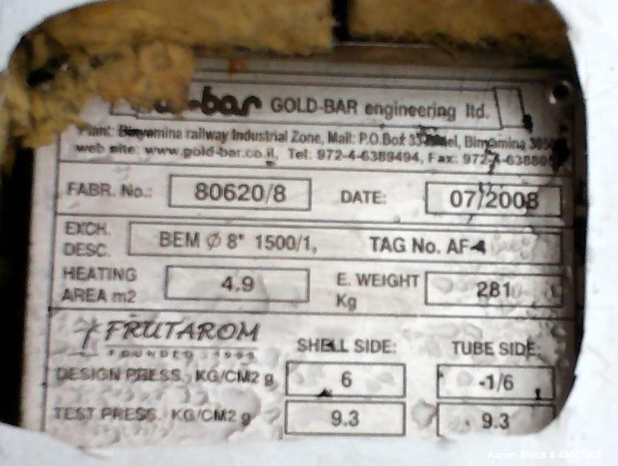 Used Gold-Bar Engineering Ltd. Shell & Tube Heat Exchanger, Stainless Steel, Horizontal. Approximate heating area 52 Square feet (4.9 m2). Tubes rated -1/6 kg/cm2 (-14/85 psi) at 100 degrees C (212 d...