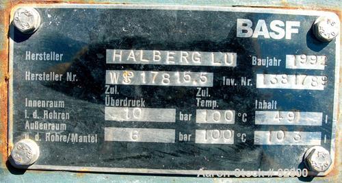 USED: Halberg six pass shell and tube heat exchanger, 157 square feet, horizontal. Carbon steel shell rated 6 bar (87 psi) at 100 deg C (212 deg F). (200) 1/2" diameter x 6' long 304 stainless steel ...