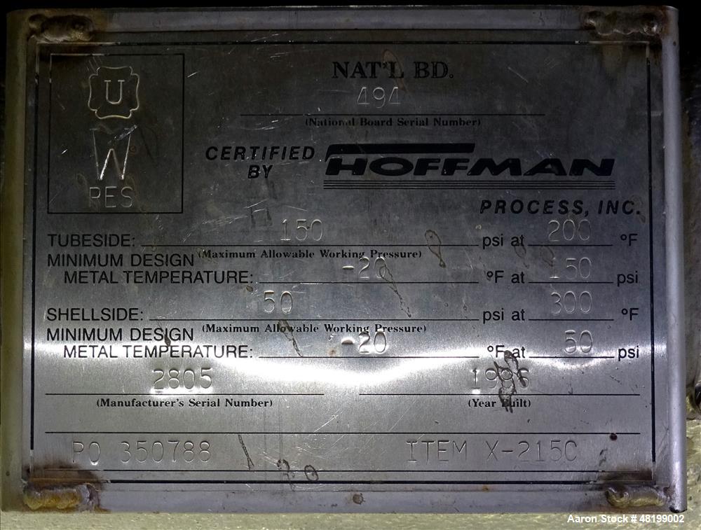 Used Hoffman Process Shell & Tube Heat Exchanger, 4.7 Square Feet, Horizontal.