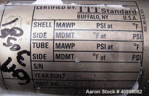 Used ITT Standard Single Pass Shell And Tube Heat Exchanger, 19 square feet, Part# 5-162-05-024-024, Horizontal. 316 stainless steel shell rated 225 psi at 450 deg.f., and –20 deg.f. at 225 psi. (80)...