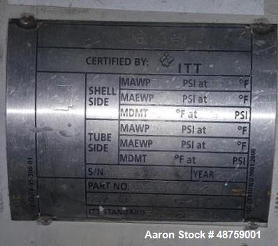 Used ITT Shell & Tube Heat Exchanger, Approximate 260 Square Feet, Horizontal. 316 Stainless steel shell rated 75 psi at -20 to 300 degrees F, (121) 3/4" diameter x 11' long 316 stainless steel tubes...