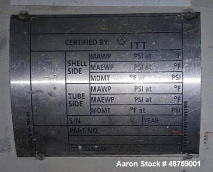 Used ITT Shell & Tube Heat Exchanger, Approximate 260 Square Feet, Horizontal. 316 Stainless steel shell rated 75 psi at -20 to 300 degrees F, (121) 3/4" diameter x 11' long 316 stainless steel tubes...