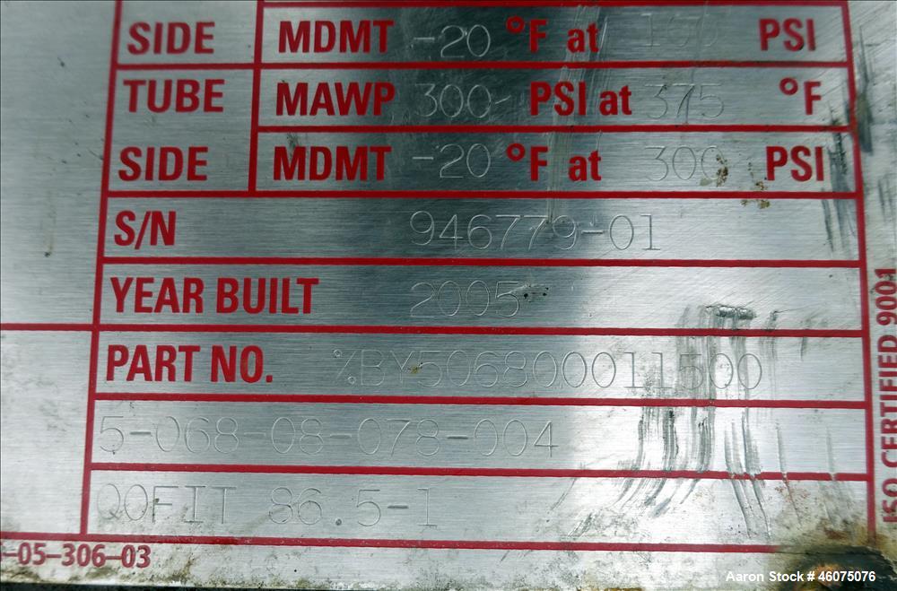 Used ITT Industries Shell & Tube Heat Exchanger, Approximate 124 Square Feet, Horizontal. Carbon steel shell rated 100 psi at -20 to 375 degrees F. (200) 3/8" Diameter x approximate 78" long 316L sta...