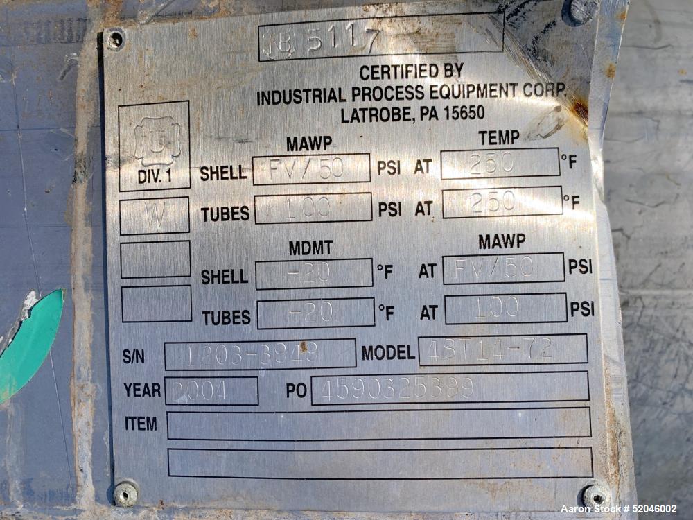 Gebraucht- Industrial Process Equipment Corp Shell & Tube Wärmetauscher, Modell 4ST14-72, Edelstahl 316. Ca. 129,6 Quadratfu...