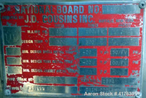 Used J.D. Cousins Two Pass Shell & Tube Heat Exchanger, approximately 61 square feet, horizontal, model FS6144BEM. 316L Stainless steel shell rated 150/FV psi at 300 deg F and –20 deg F at 150/FV psi...