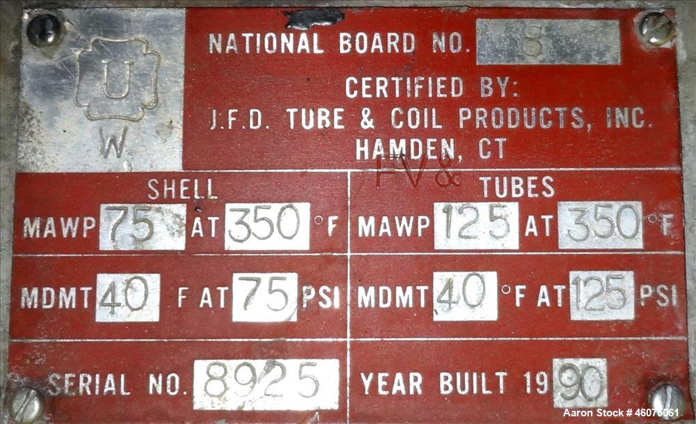 Used J.F.D. Tube & Coil Products U Tube Shell & Tube Heat Exchanger, Approximate 454 Square Feet, Horizontal. SB-434-825 Incoloy 825 shell rated 75 psi at 350 degrees F, (232) 3/4" diameter x 60" lon...