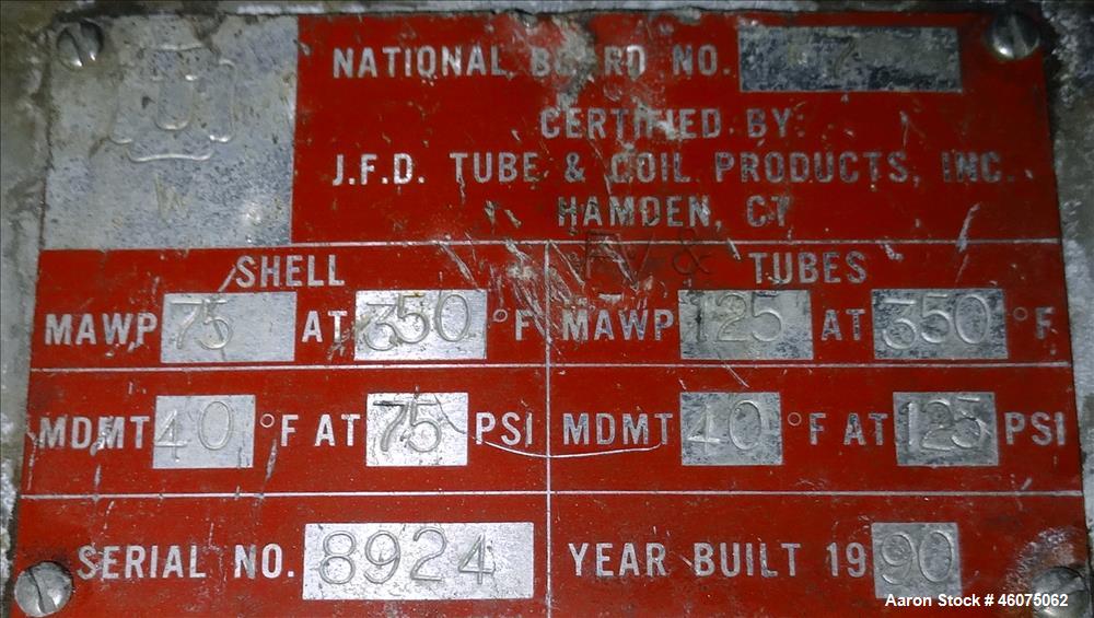 Used J.F.D. Tube & Coil Products U Tube Shell & Tube Heat Exchanger, Approximate 454 Square Feet, Horizontal. SB-434-825 Incoloy 825 shell rated 75 psi at 350 degrees F, (232) 3/4" diameter x 60" lon...