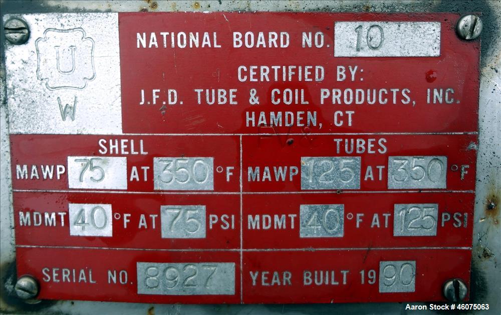 Used- J.F.D. Tube & Coil Products U Tube Shell & Tube Heat Exchanger, Approximate 597 Square Feet, Horizontal. 316L Stainles...