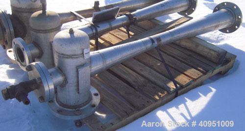 Used Jet-Vac Steam Jet Booster, size 6" x 6", 316 stainless steel. Approximately 56 3/4" long tube. Rated 90 psi. 6" x 6" inlet/outlet. Load 163.5#/hr air, suction 15mm HgA, discharge 101.6mm HgA, mo...