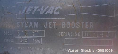 Used Jet-Vac Steam Jet Booster, size 6" x 6", 316 stainless steel. Approximately 56 3/4" long tube. Rated 90 psi. 6" x 6" inlet/outlet. Load 163.5#/hr air, suction 15mm HgA, discharge 101.6mm HgA, mo...