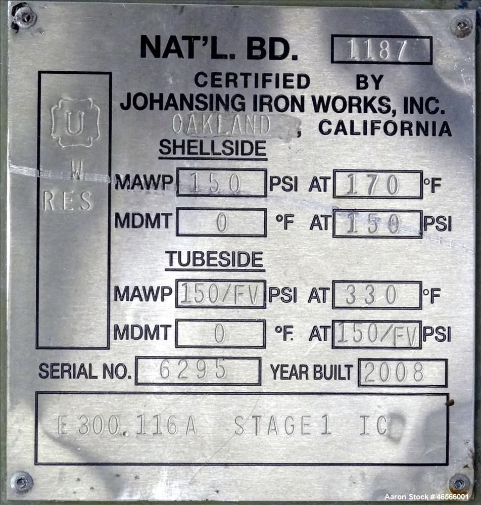 Used Johansing Iron Works Shell & Tube Heat Exchanger, Approximately 37 Square Feet, Vertical. Carbon steel shell rated 150 psi at 170 degrees F. (24) 316L Stainless steel 3/4" diameter x 7'-10-3/8" ...