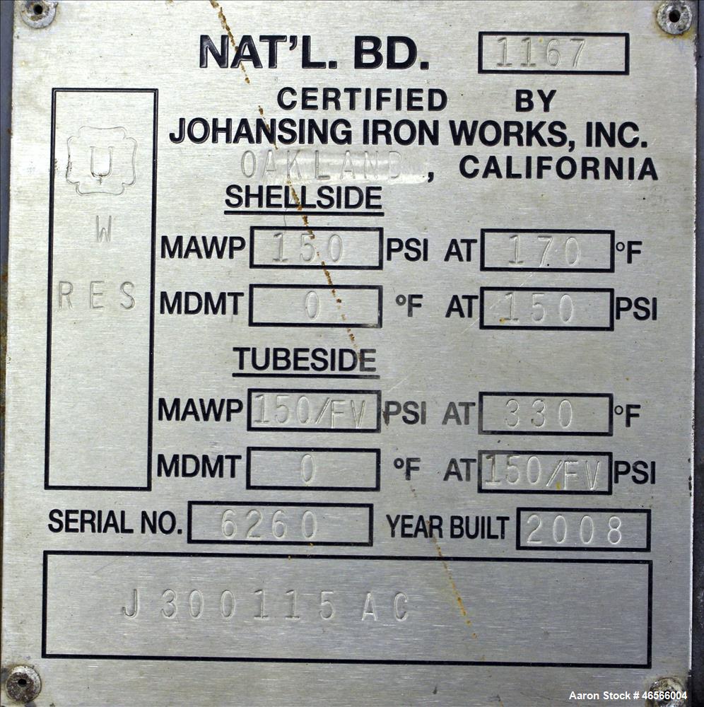 Used Johansing Iron Works Shell & Tube Heat Exchanger, Approximately 37 Square Feet, Vertical. Carbon steel shell rated 150 psi at 170 degrees F. (24) 316L Stainless steel 3/4" diameter x 7'-10-3/8" ...