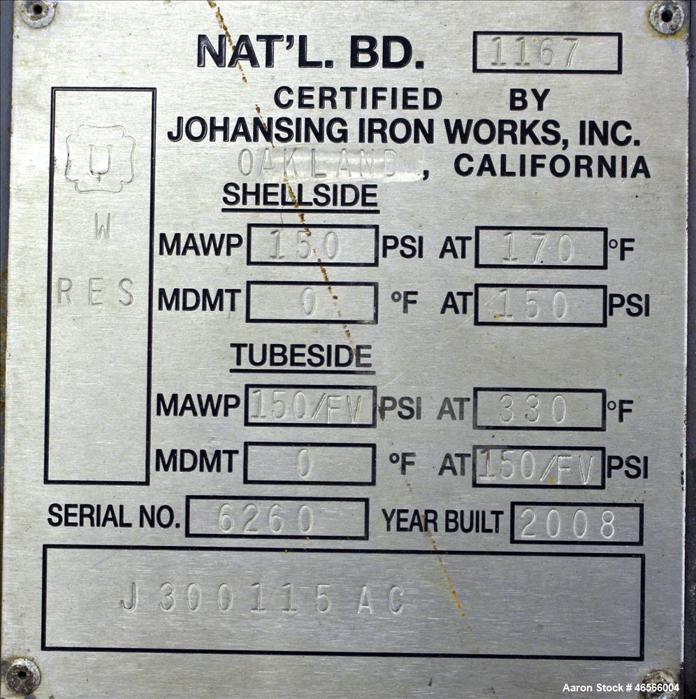 Used- Johansing Iron Works Shell & Tube Heat Exchanger, Approximately 37 Square Feet, Vertical. Carbon steel shell rated 150...