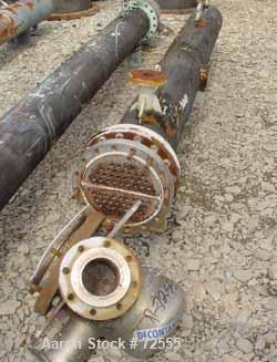 USED: Johnson-Hunt Ltd U tube heat exchanger. 92 sq ft, horizontal.Stainless steel construction on product contact parts. Carbon steelbody. 9.75" x 9'1" st side (250mm dia x 2800mm st side) body. She...