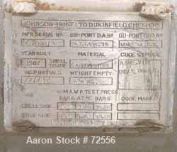 USED:Johnson-Hunt Ltd 2 pass shell and tube heat exchanger, 110 sq ft.Stainless steel tubes, carbon steel shell and heads. (100) 5/8"diameter x 6' long tubes rated for 196.5 psi (13.1 bar) and full v...