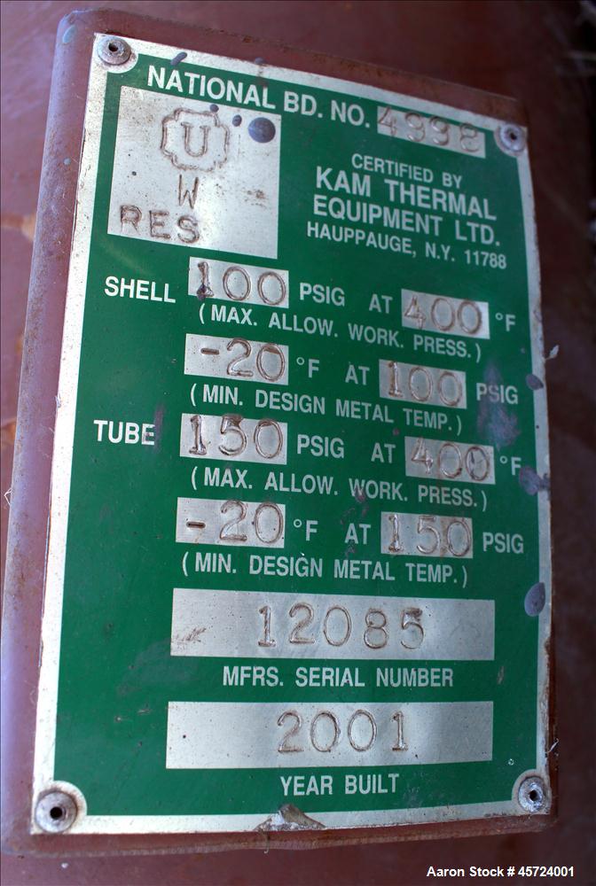 Used- KAM Thermal Single Pass Shell & Tube Heat Exchange, 479 Square Feet, Horizontal. Carbon steel shell rated 100psi at -2...