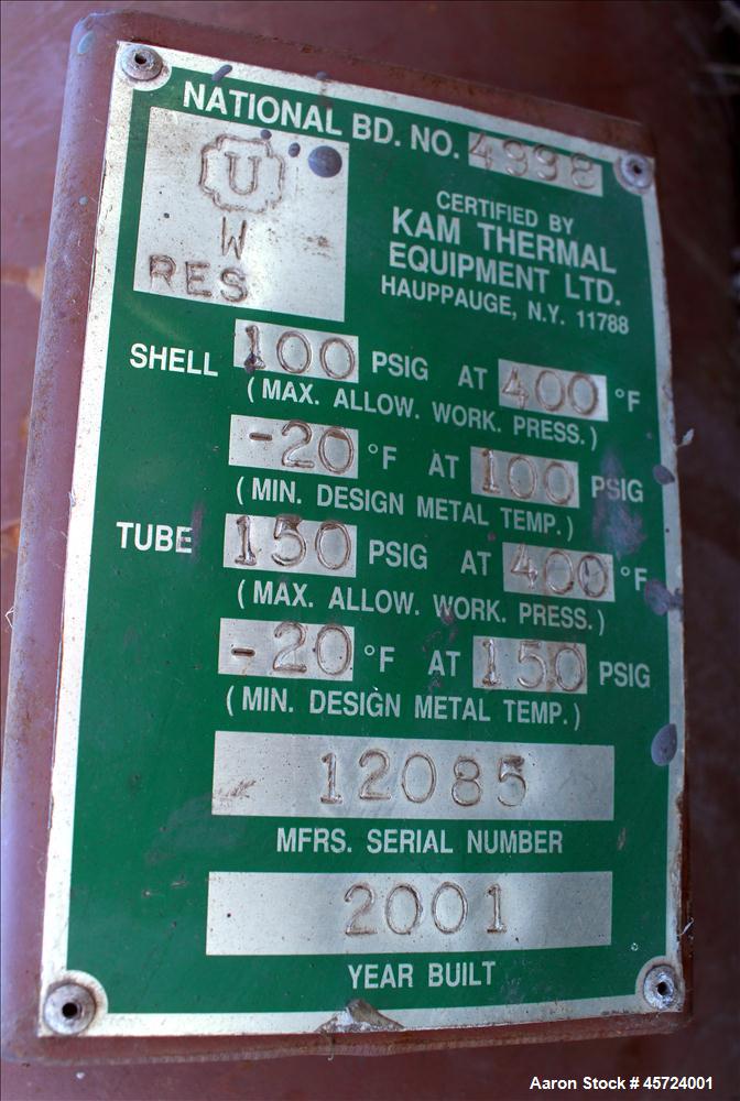 Used KAM Thermal Single Pass Shell & Tube Heat Exchange, 479 Square Feet, Horizontal. Carbon steel shell rated 100psi at -20 to 400 degrees F. (249) 3/4" Diameter x 120" long, 304L stainless steel tu...