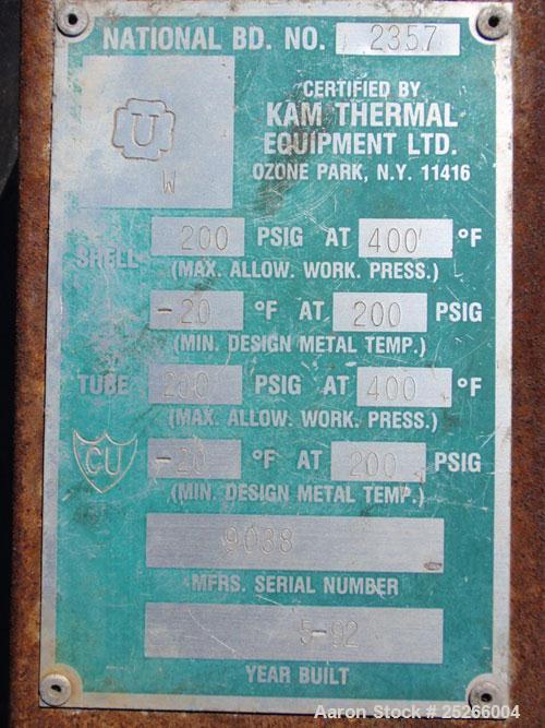 Used Kam Thermal 4 Pass U Tube Heat Exchanger, 194 Square Feet. 304 stainless steel tubes and tube sheets with (104) 3/4" diameter x 9'6" long tubes rated 200 psi at 400 deg F. Carbon steel shell and...