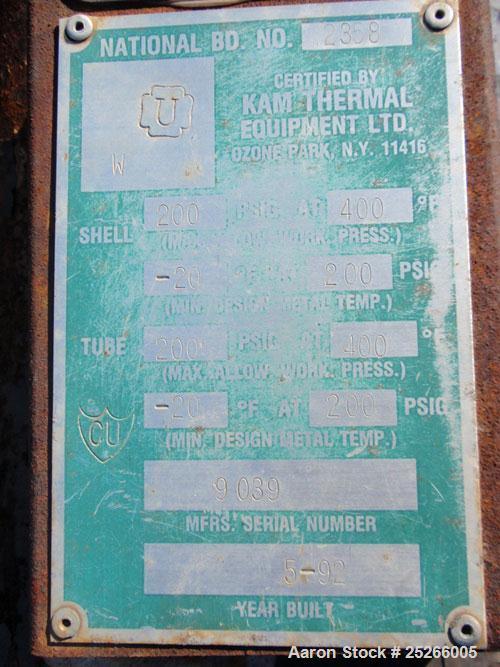 Used Kam Thermal 4 Pass U Tube Heat Exchanger, 194 Square Feet. 304 stainless steel tubes and tube sheets with (104) 3/4" diameter x 9'6" long tubes rated 200 psi at 400 deg F. Carbon steel shell and...
