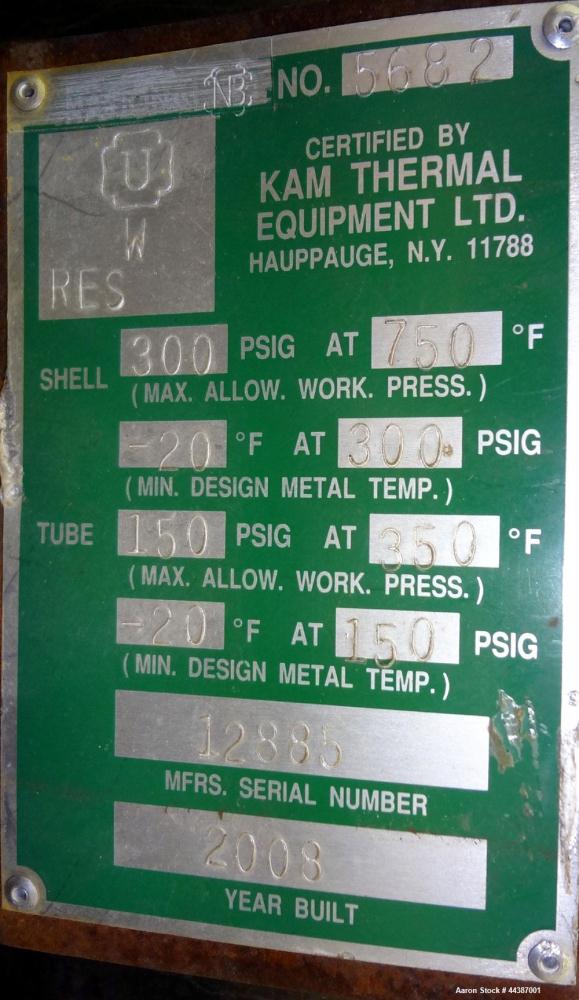 Unused- KAM Thermal U-Tube Heat Exchanger, 214 Square Feet, Horizontal. Carbon steel shell rated 300 psi at -20 to 750 degre...