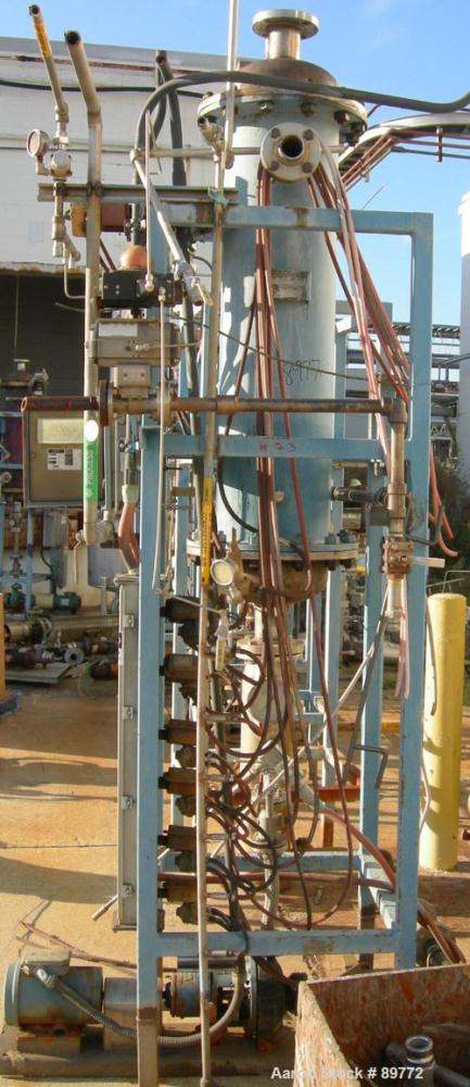 USED: KAM Thermal Equip shell and tube heat exchanger. Vertical, 12" shell x 46" long. 3" opening on heads, 2" on shell. Carbon steel shell, stainless steel tubes and heads. Both sides rated 40 psi @...