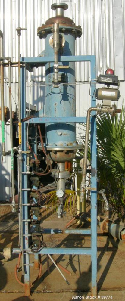 USED: KAM Thermal Equip shell and tube heat exchanger. Vertical, 12" shell x 46" long. 3" opening on heads, 2" on shell. Carbon steel shell, stainless steel tubes and heads. Both sides rated 40 psi @...