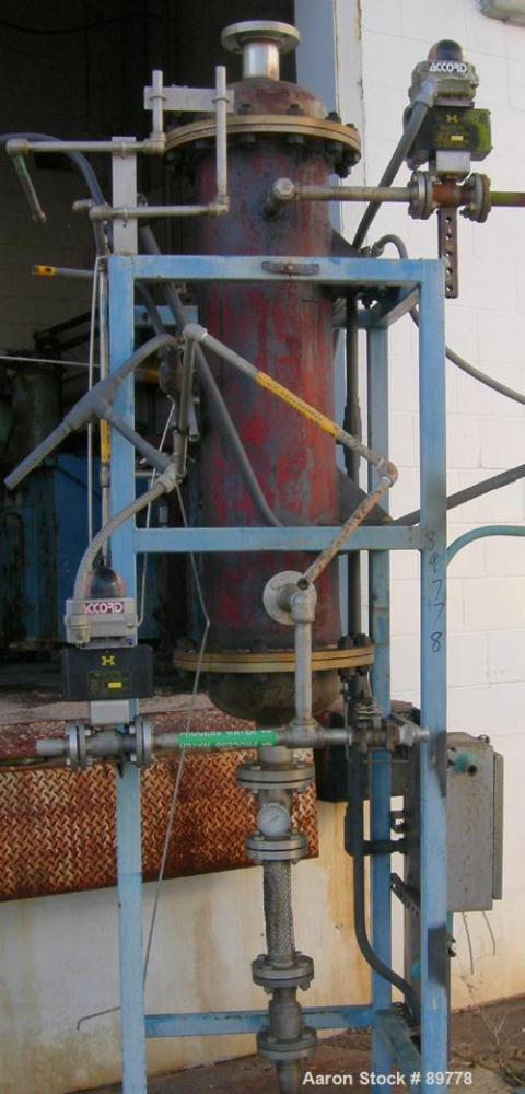 USED: KAM Thermal Equip shell and tube heat exchanger. Vertical, 12" shell x 46" long. 3" opening on heads, 2" on shell. Carbon steel shell, stainless steel tubes and heads. Both sides rated 40 psi @...