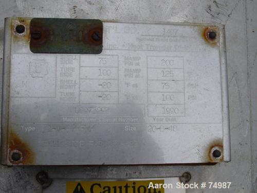 USED:Ketema single pass shell and tube heat exchanger, 216 sq ft, size 20-B-4, type 1-V-8BEM, horizontal. Carbon shell shell rated75 psi at 200 deg F, (276) 3/4" diameter x 4' long 316L stainlessstee...