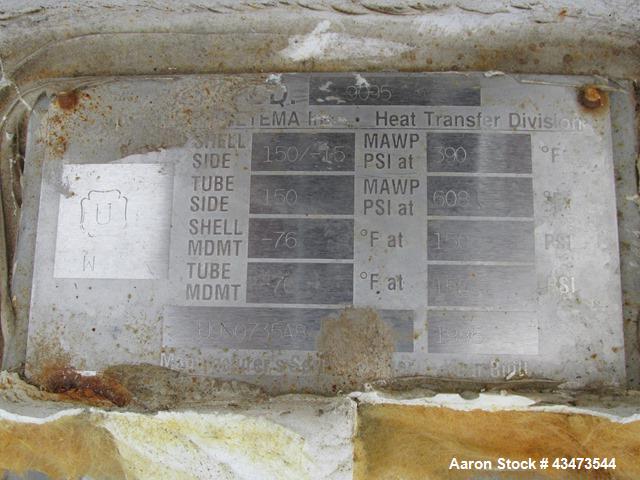 Used Ketema U Tube Heat Exchanger, 170 Square Feet, Model 10-A-60. 316L Stainless steel tubes, tube sheet, bonnet and shell. (72) 0.625" Diameter tubes rated 150 psi at +608/-76 degrees F. Shell rate...