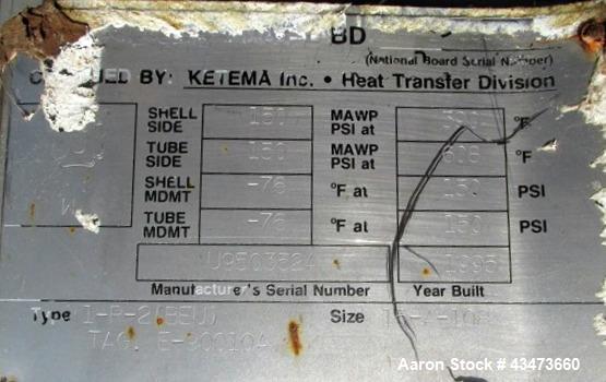 Used Ketema Shell & Tube "U-Tube" Heat Exchanger, 270 Square Feet, Model 15-A-108. (92) 316L Stainless steel .625" diameter tubes rated 150 psi at -76 to 608 degrees F. Shell rated 150 psi at -76 to ...