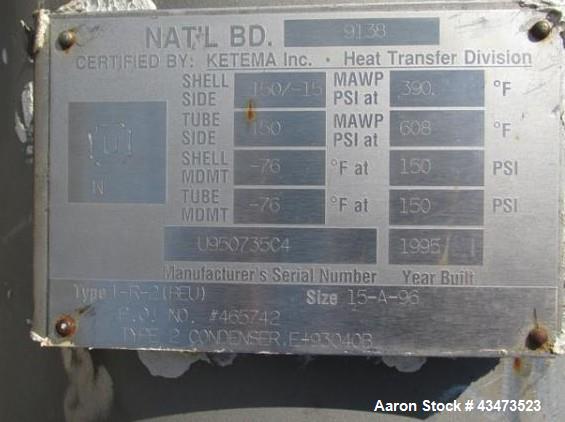 Used Ketema U Tube Heat Exchanger, 239 Square Feet, Model 15-A-96. 316L Stainless steel tubes, tube sheet, bonnet and shell. (72) 0.625" Diameter tubes rated 150 psi at +608/-76 degrees F. Shell rate...