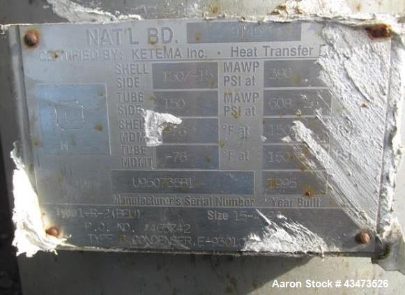 Used Ketema U Tube Heat Exchanger, 239 Square Feet, Model 15-A-96. 316L Stainless steel tubes, tube sheet, bonnet and shell. (72) 0.625" Diameter tubes rated 150 psi at +608/-76 degrees F. Shell rate...