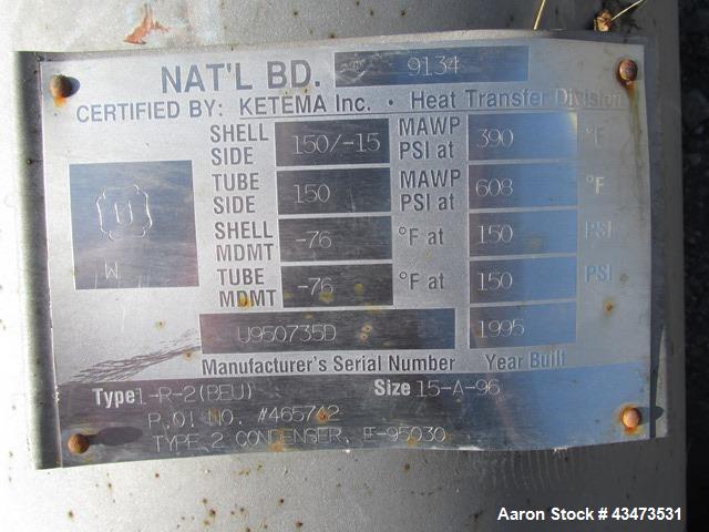 Used Ketema U Tube Heat Exchanger, 239 Square Feet, Model 15-A-96. 316L Stainless steel tubes, tube sheet, bonnet and shell. (72) 0.625" Diameter tubes rated 150 psi at +608/-76 degrees F. Shell rate...