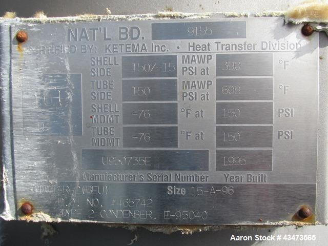 Used Ketema U Tube Heat Exchanger, 239 Square Feet, Model 15-A-96. 316L Stainless steel tubes, tube sheet, bonnet and shell. (72) 0.625" Diameter tubes rated 150 psi at +608/-76 degrees F. Shell rate...