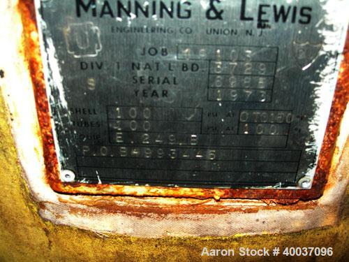 Used Manning And Lewis Shell And Tube Heat Exchanger, 557 square feet, vertical. Carbon steel shell rated 100 psi at 150 deg.f., (474) 3/4" diameter x 6' long 316L stainless steel tubes rated 100 psi...