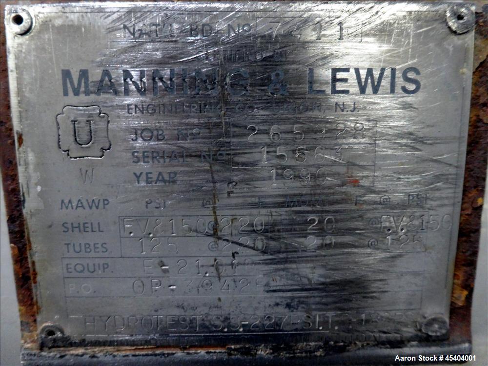 Used Manning & Lewis Shell and Tube Heat Exchanger