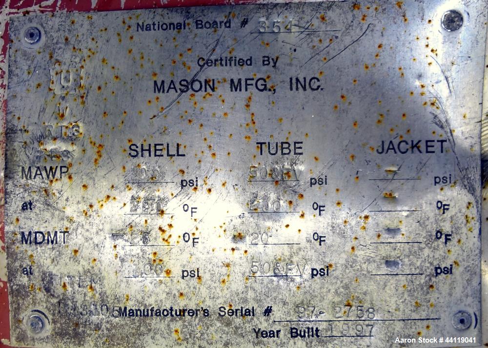 Used Mason Single Pass Shell & Tube Heat Exchanger, 448 Square Feet, Vertical. Carbon steel shell rated 100psi at -20 to 200 degrees F., (305) 5/8" diameter x 8 long 316L stainless steel tubes rated ...