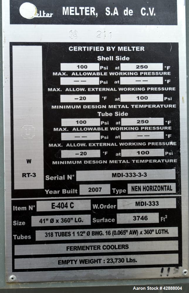 Unused- Horizontal Melter S.A. de C.V. 2 Pass Shell & Tube Heat Exchanger, 3746 Square Feet, Type NEN