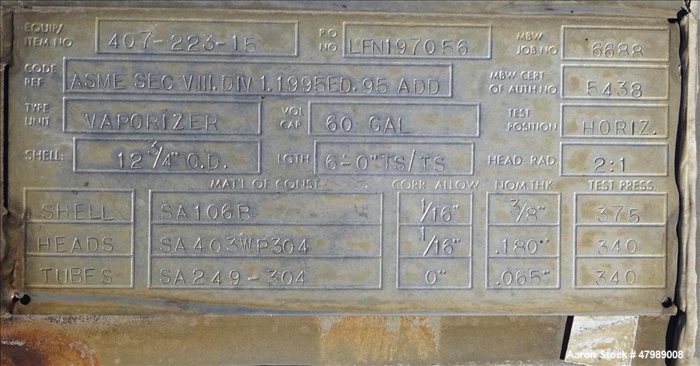 Used Mitternight Boiler Works Inc. Shell & Tube Heat Exchanger, Approximate 88