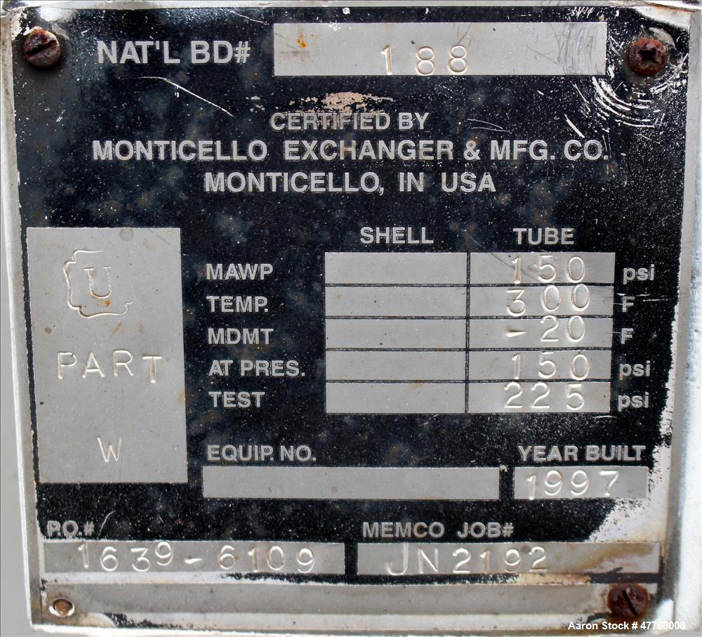 Used Monticello Exchanger & Mfg. 2 Pass Shell and Tube Heat Exchanger, Approximate 2,988 Square Feet, Horizontal. Approximate (953) 3/4" diameter x 16' long 316 stainless steel tubes rated 150 psi at...