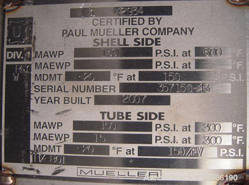 Unused- Mueller Single Pass Shell and Tube Heat Exchanger, 119 square feet, vertical. Tema Type BEM, Tema Size 10-96, Tema Class C. Carbon steel shell rated 150 psi at 600 deg F and -20 deg F at 150 ...