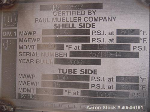 Unused- Mueller Single Pass Shell and Tube Heat Exchanger, 119 square feet, vertical. Tema Type BEM, Tema Size 10-96, Tema Class C. Carbon steel shell rated 150 psi at 600 deg F and -20 deg F at 150 ...