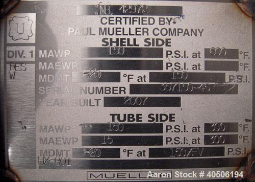 Unused- Mueller Single Pass Shell and Tube Heat Exchanger, 119 square feet, vertical. Tema Type BEM, Tema Size 10-96, Tema Class C. Carbon steel shell rated 150 psi at 600 deg F and -20 deg F at 150 ...