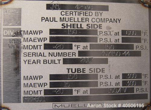 Unused- Mueller Single Pass Shell and Tube Heat Exchanger, 119 square feet, vertical. Tema Type BEM, Tema Size 10-96, Tema Class C. Carbon steel shell rated 150 psi at 600 deg F and -20 deg F at 150 ...