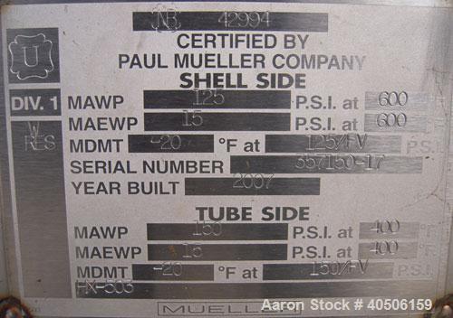Unused- Mueller 2 Pass Shell and Tube Heat Exchanger, 101 Square Feet, Horizontal. STI Tema Type BEM, Tema Size 6-240, Tema Class C. 304 stainless steel shell rated 125 psi at 600 deg F and -20 deg F...