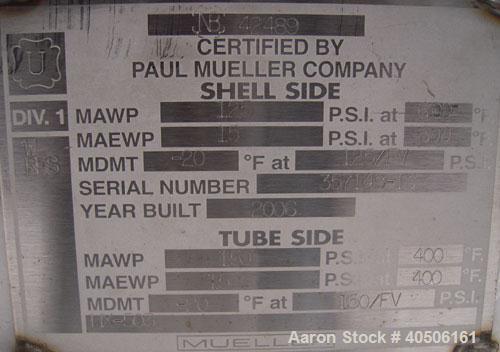 Unused- Mueller 2 Pass Shell and Tube Heat Exchanger, 101 square feet, horizontal. STI Tema Type BEM, Tema Size 6-240, Tema Class C. 304 stainless steel shell rated 125 psi at 600 deg F and -20 deg F...